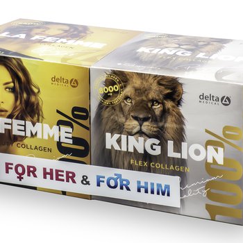 DELTA Partner. balíček LA FEMME&KING LION Collagen, rozpustný prášok na prípravu nápoja, 196 g + 240 g, 1 set